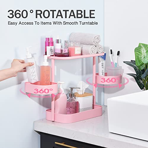 KINGRACK 3 Tier Bathroom Counter Organizer Rotatable, Metal Makeup Cosmetic Storage Holder, Standing Storage Rack, Vanity Trays Countertop Organizer for Perfume Skincare Supplies and Decor, Pink