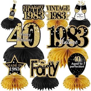 9pcs 40th birthday decorations honeycomb centerpieces for women men, black gold vintage 1983 aged to perfection table centerpiece toppers party supplies, 40 year old birthday party table sign decor