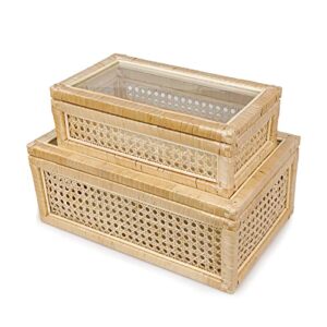 poprhino rattan decorative box with glass lids, decorative boxes for home décor, rattan woven case for display, set of 2 wicker storage decoration (rectangular)