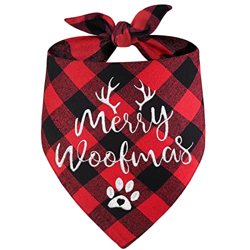 Yoochee Christmas Dog Bandana, Classic Plaid Embroidered Pet Bandana, Holiday Cotton Washable Dog Triangle Bibs Scarf, Pet Costume Accessories for Small Medium Large Dogs Cats Pets (Large, Red)