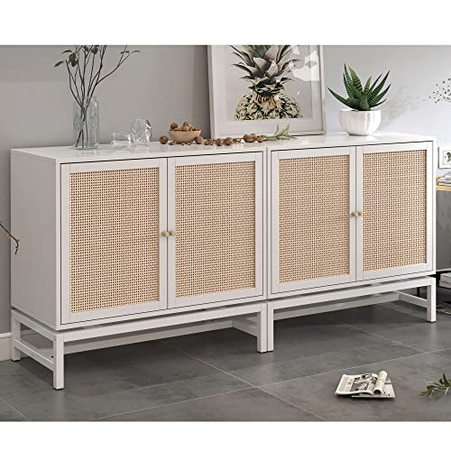 Lamerge Sideboard Buffet Cabinet, Rattan Kitchen Storage Cabinet with 2 Doors,Cupboard Console Table with Adjustable Shelves,Accent Cabinet for Dining Room, Bedroom, Hallway,White