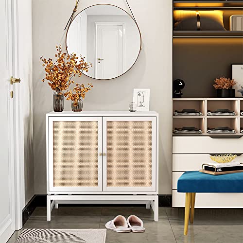 Lamerge Sideboard Buffet Cabinet, Rattan Kitchen Storage Cabinet with 2 Doors,Cupboard Console Table with Adjustable Shelves,Accent Cabinet for Dining Room, Bedroom, Hallway,White