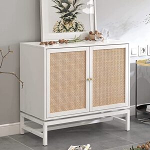 Lamerge Sideboard Buffet Cabinet, Rattan Kitchen Storage Cabinet with 2 Doors,Cupboard Console Table with Adjustable Shelves,Accent Cabinet for Dining Room, Bedroom, Hallway,White