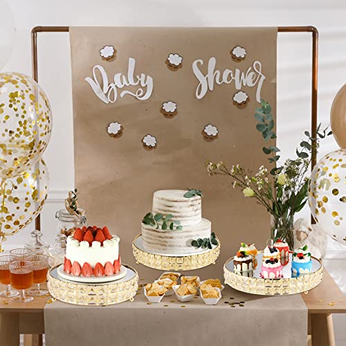 3 Pcs Crystal Metal Cake Display Stand with Mirror Top Plate 10 Inch, 12 Inch, 14 Inch Crystal Gold Dessert Display Pedestal Gold Round Cake Stand for Wedding Anniversary Baby Shower Birthday Party