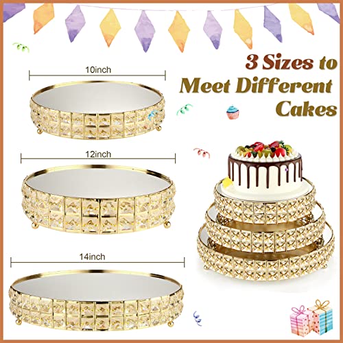 3 Pcs Crystal Metal Cake Display Stand with Mirror Top Plate 10 Inch, 12 Inch, 14 Inch Crystal Gold Dessert Display Pedestal Gold Round Cake Stand for Wedding Anniversary Baby Shower Birthday Party