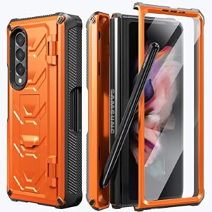 bxyjy for samsung galaxy z fold 3 case with s pen holder, built-in kickstand/hd screen protector/camera & hinge protection, 360° protection phone case cover for samsung galaxy z fold 3 5g (orange)