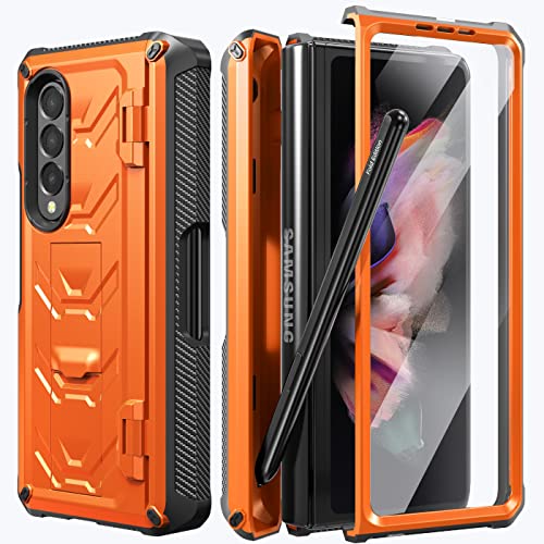 BXYJY for Samsung Galaxy Z Fold 3 Case with S Pen Holder, Built-in Kickstand/HD Screen Protector/Camera & Hinge Protection, 360° Protection Phone Case Cover for Samsung Galaxy Z Fold 3 5g (Orange)