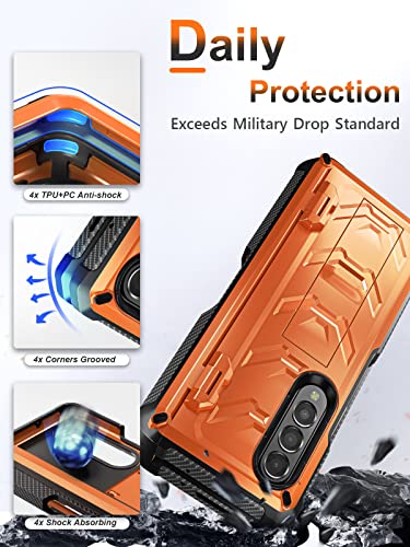 BXYJY for Samsung Galaxy Z Fold 3 Case with S Pen Holder, Built-in Kickstand/HD Screen Protector/Camera & Hinge Protection, 360° Protection Phone Case Cover for Samsung Galaxy Z Fold 3 5g (Orange)