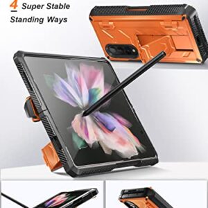 BXYJY for Samsung Galaxy Z Fold 3 Case with S Pen Holder, Built-in Kickstand/HD Screen Protector/Camera & Hinge Protection, 360° Protection Phone Case Cover for Samsung Galaxy Z Fold 3 5g (Orange)