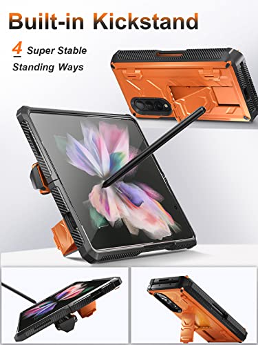 BXYJY for Samsung Galaxy Z Fold 3 Case with S Pen Holder, Built-in Kickstand/HD Screen Protector/Camera & Hinge Protection, 360° Protection Phone Case Cover for Samsung Galaxy Z Fold 3 5g (Orange)