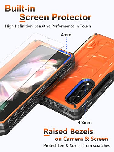 BXYJY for Samsung Galaxy Z Fold 3 Case with S Pen Holder, Built-in Kickstand/HD Screen Protector/Camera & Hinge Protection, 360° Protection Phone Case Cover for Samsung Galaxy Z Fold 3 5g (Orange)