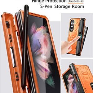 BXYJY for Samsung Galaxy Z Fold 3 Case with S Pen Holder, Built-in Kickstand/HD Screen Protector/Camera & Hinge Protection, 360° Protection Phone Case Cover for Samsung Galaxy Z Fold 3 5g (Orange)