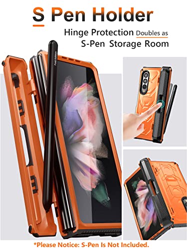 BXYJY for Samsung Galaxy Z Fold 3 Case with S Pen Holder, Built-in Kickstand/HD Screen Protector/Camera & Hinge Protection, 360° Protection Phone Case Cover for Samsung Galaxy Z Fold 3 5g (Orange)