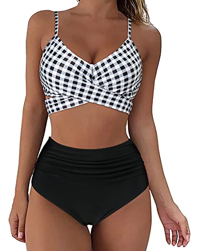 SUUKSESS Women High Waisted Bikini Criss Cross Swimsuits Push Up Bathing Suits (XS, Gingham)