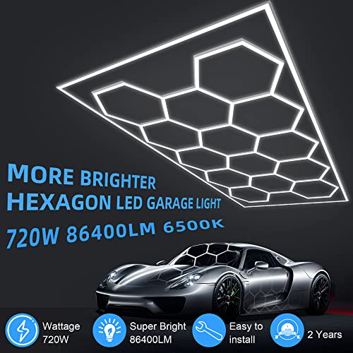 MODERN Hexagon Garage Light: Higher Brightness 720W 86400 Lumens Hexagon Led Garage Light with Rectangle Frame 6500K for Garage, Basement, Warehouse, Auto Beauty Shop, Car Detailing Shop etc.