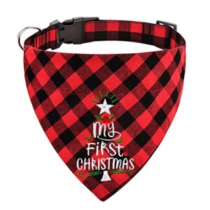 yoochee christmas dog collar bandana - holiday classic plaid & embroidered dog bandana with adjustable collar, washable cotton kerchief triangle bibs pet collars for puppy dogs cats