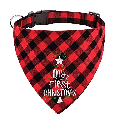 Yoochee Christmas Dog Collar Bandana - Holiday Classic Plaid & Embroidered Dog Bandana with Adjustable Collar, Washable Cotton Kerchief Triangle Bibs Pet Collars for Puppy Dogs Cats