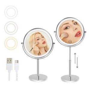 makeup mirror with lights and magnification1x/10x height adjustable 8" vanity mirror with lights 3 color dimmable rechargeable double sided 360°rotation touch lighted makeup mirror gifts for women