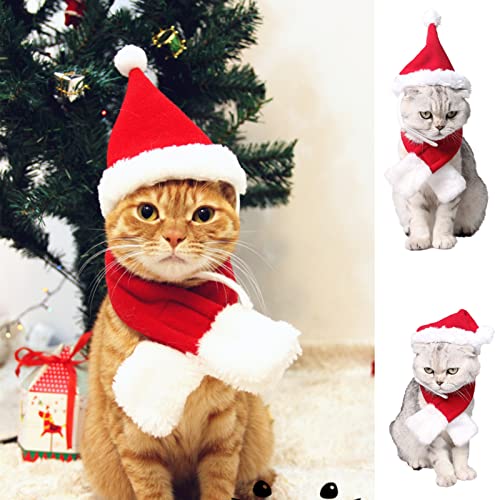 Dog Cat Pet Santa Hat with Scarf, Christmas Costume Set Pet Cat Puppy Dog Santa Hat and Scarf Christmas Pet Costume Accessory for Christmas Decoration Cosplay Supplies for Cats Puppy Dogs Pets