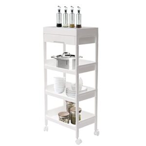 fichiouy 4-layer floor standing shelf units rolling utility cart, plastic mobile shelving unit storage drawer carts for kitchen/bathroom/office white