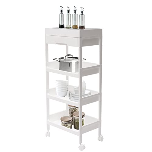 Fichiouy 4-Layer Floor Standing Shelf Units Rolling Utility Cart, Plastic Mobile Shelving Unit Storage Drawer Carts for Kitchen/Bathroom/Office White