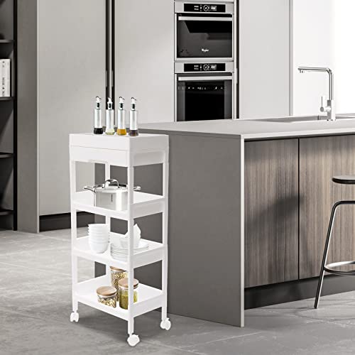 Fichiouy 4-Layer Floor Standing Shelf Units Rolling Utility Cart, Plastic Mobile Shelving Unit Storage Drawer Carts for Kitchen/Bathroom/Office White