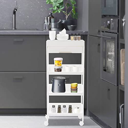 Fichiouy 4-Layer Floor Standing Shelf Units Rolling Utility Cart, Plastic Mobile Shelving Unit Storage Drawer Carts for Kitchen/Bathroom/Office White