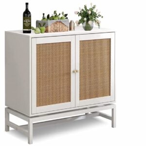 dklgg rattan sideboard buffet cabinet set of 2, kitchen sideboards and buffets cabinet with storage, accent cupboard cabinet with 2 doors for living room, dining room, white, 31 x 15 x 31 inches