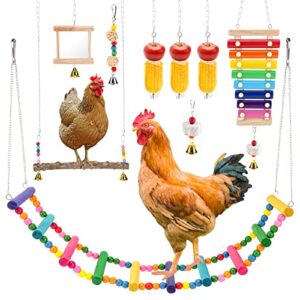 wior 9 packs chicken toys for coop, chicken swing set chicken mirror chicken ladder bridge chicken xylophone toys with bells for hens, chicken vegetable hanging feeder for poultry rooster bird parrot