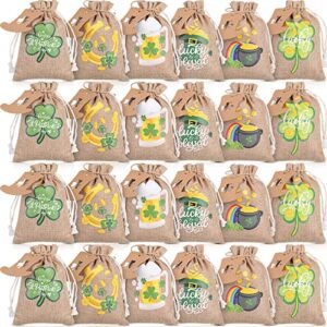 24 pack st. patricks day burlap gift bags saint patrick's day party favor bags irish shamrock burlap bags rustic small treat bags with drawstring gift tag and rope for st. patricks day party supplies