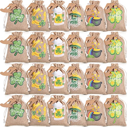 24 Pack St. Patricks Day Burlap Gift Bags Saint Patrick's Day Party Favor Bags Irish Shamrock Burlap Bags Rustic Small Treat Bags with Drawstring Gift Tag and Rope for St. Patricks Day Party Supplies