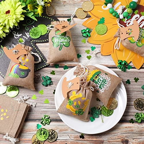 24 Pack St. Patricks Day Burlap Gift Bags Saint Patrick's Day Party Favor Bags Irish Shamrock Burlap Bags Rustic Small Treat Bags with Drawstring Gift Tag and Rope for St. Patricks Day Party Supplies