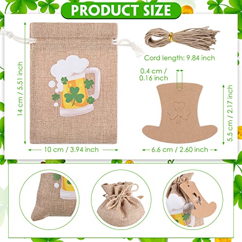 24 Pack St. Patricks Day Burlap Gift Bags Saint Patrick's Day Party Favor Bags Irish Shamrock Burlap Bags Rustic Small Treat Bags with Drawstring Gift Tag and Rope for St. Patricks Day Party Supplies