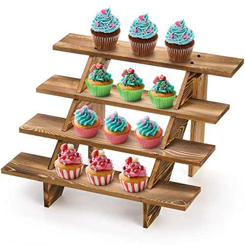 Hacaroa 4 Tier Wood Cupcake Stand, Rustic Retail Stair Shelf Cascading Display Riser, Decorative Farmhouse Dessert Stand for Tabletop, Vendors, Retail Stores