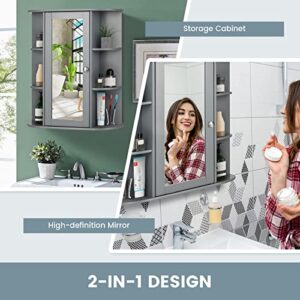 COSTWAY Wall Mounted Bathroom Cabinet - Storage Organizer with Mirror Door, Adjustable Shelves & 6 Open Racks, Space-Saving Hanging Medicine Cabinet for Living Room Kitchen Entryway (Gray)