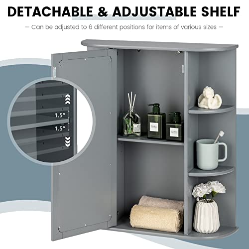 COSTWAY Wall Mounted Bathroom Cabinet - Storage Organizer with Mirror Door, Adjustable Shelves & 6 Open Racks, Space-Saving Hanging Medicine Cabinet for Living Room Kitchen Entryway (Gray)