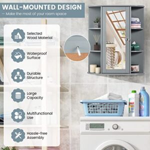 COSTWAY Wall Mounted Bathroom Cabinet - Storage Organizer with Mirror Door, Adjustable Shelves & 6 Open Racks, Space-Saving Hanging Medicine Cabinet for Living Room Kitchen Entryway (Gray)