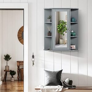 COSTWAY Wall Mounted Bathroom Cabinet - Storage Organizer with Mirror Door, Adjustable Shelves & 6 Open Racks, Space-Saving Hanging Medicine Cabinet for Living Room Kitchen Entryway (Gray)