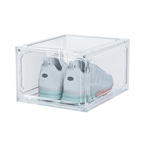 HIYOHIYO 1 Pack Shoe Boxes Clear Plastic Stackable, Sneaker Containers Magnetic Shoes Storage Box Foldable Drop Front Organizer Shoes Cases for Home Display Bins Fit up to Size 14 (14.2"x 11"x 7.9")