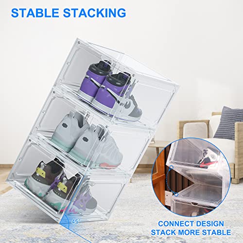 HIYOHIYO 1 Pack Shoe Boxes Clear Plastic Stackable, Sneaker Containers Magnetic Shoes Storage Box Foldable Drop Front Organizer Shoes Cases for Home Display Bins Fit up to Size 14 (14.2"x 11"x 7.9")