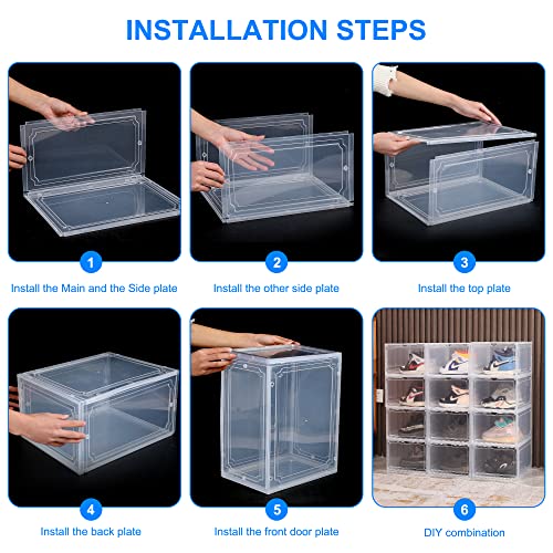 HIYOHIYO 1 Pack Shoe Boxes Clear Plastic Stackable, Sneaker Containers Magnetic Shoes Storage Box Foldable Drop Front Organizer Shoes Cases for Home Display Bins Fit up to Size 14 (14.2"x 11"x 7.9")