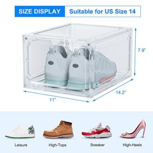 HIYOHIYO 1 Pack Shoe Boxes Clear Plastic Stackable, Sneaker Containers Magnetic Shoes Storage Box Foldable Drop Front Organizer Shoes Cases for Home Display Bins Fit up to Size 14 (14.2"x 11"x 7.9")