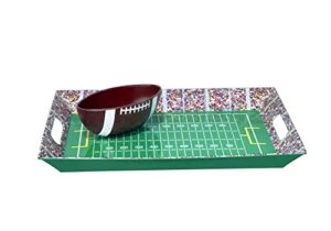 football stadium serving tray and bowl, reusable game trays for football gameday, birthday parties, tailgate party decorations, chip n dip hard plastic set