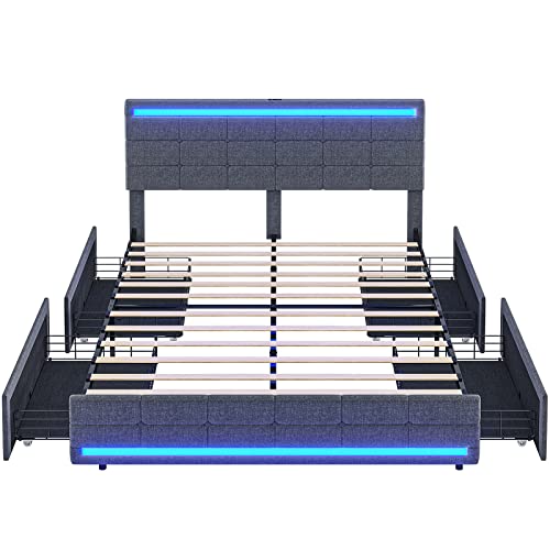 Tiptiper LED Bed Frame Queen Size with 2 USB Ports, LED Headboard & Footboard,Platform Bed Frame Queen Size with Storage Drawers, No Box Spring Needed, Easy Assembly, Dark Grey