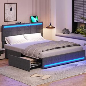 tiptiper led bed frame queen size with 2 usb ports, led headboard & footboard,platform bed frame queen size with storage drawers, no box spring needed, easy assembly, dark grey