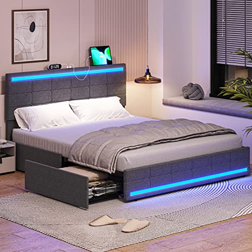 Tiptiper LED Bed Frame Queen Size with 2 USB Ports, LED Headboard & Footboard,Platform Bed Frame Queen Size with Storage Drawers, No Box Spring Needed, Easy Assembly, Dark Grey