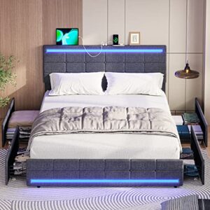 Tiptiper LED Bed Frame Queen Size with 2 USB Ports, LED Headboard & Footboard,Platform Bed Frame Queen Size with Storage Drawers, No Box Spring Needed, Easy Assembly, Dark Grey