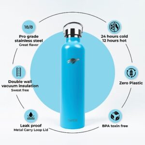 Stainless Steel Insulated Metal Water Bottle Thermos, Double Vaccum, Leak Proof, 32 oz, Blue, Durable Thermal Coffee & Tea Flask with Temperature Retention, 24hr Cold 12hr Hot Canteen by Turtle Brand