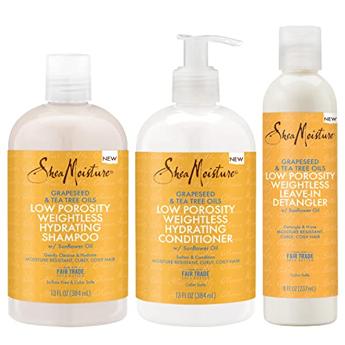 SheaMoisture Shampoo and Conditioner Set (13 Oz Ea) + Detangler (8 Oz), Low Porosity Hair Products, Baobab and Tea Tree Oil 3pc Bundle, Soften and Balance, Shea Moisture Curly Hair Products  