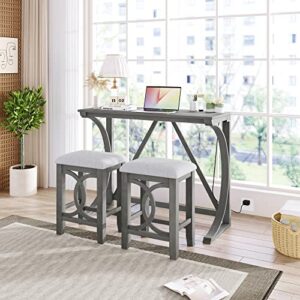 solid wood 3-piece counter height extra long dining table set home bistro set with usb port, farmhouse rustic bar pub dining table with 2 upholstered stools, space saving (gray)